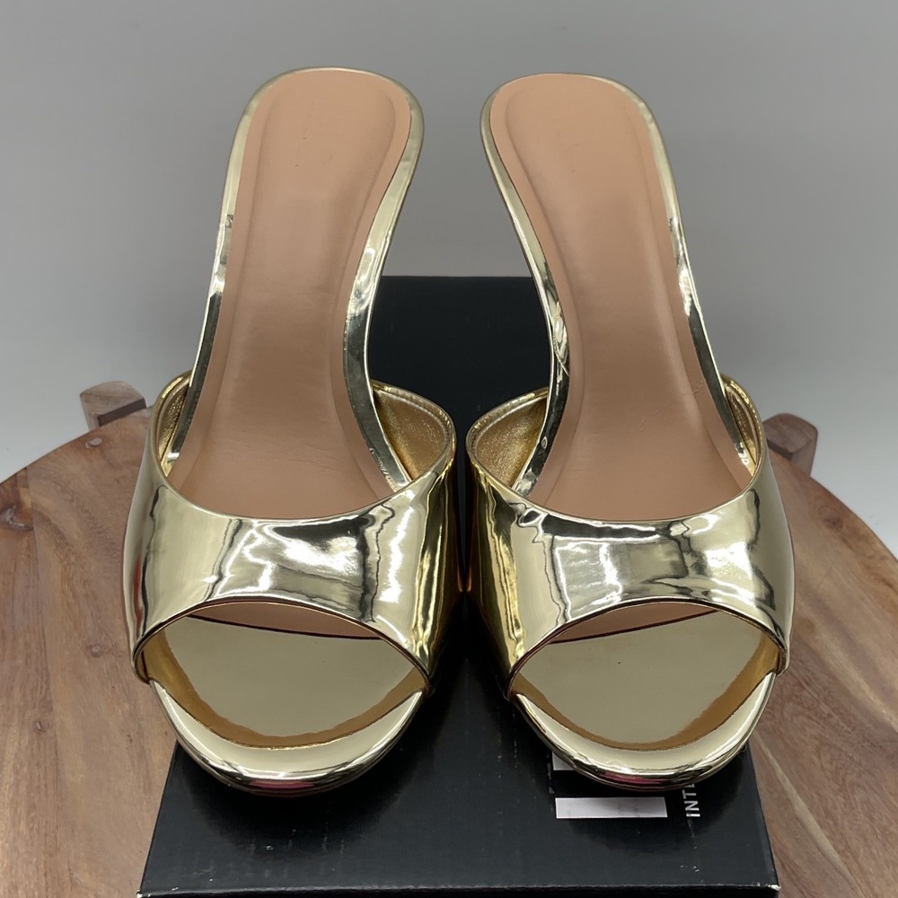 INC International Concepts Gold Metallic Peep Toe Stiletto Slide Mules